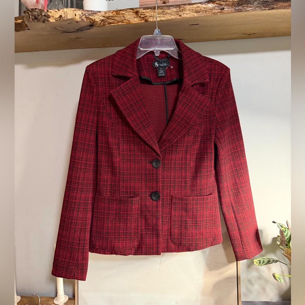 Nwt Alison Sheri Red Plaid Blazer With Gold Thread Accents